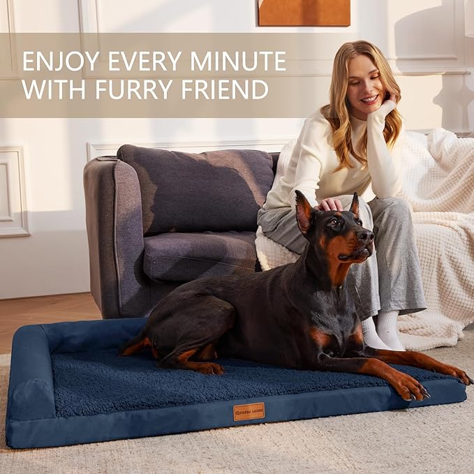 Patas Lague Orthopedic Large Dog Bed Washable Pet Sofa Bed 56X40 Navy Blue | 2-Sided Bolster Egg-Crate Foam Dog Couch Large Sized Dogs, Waterproof Removable Washable Cover, Nonskid Bottom Pet Crate Mat