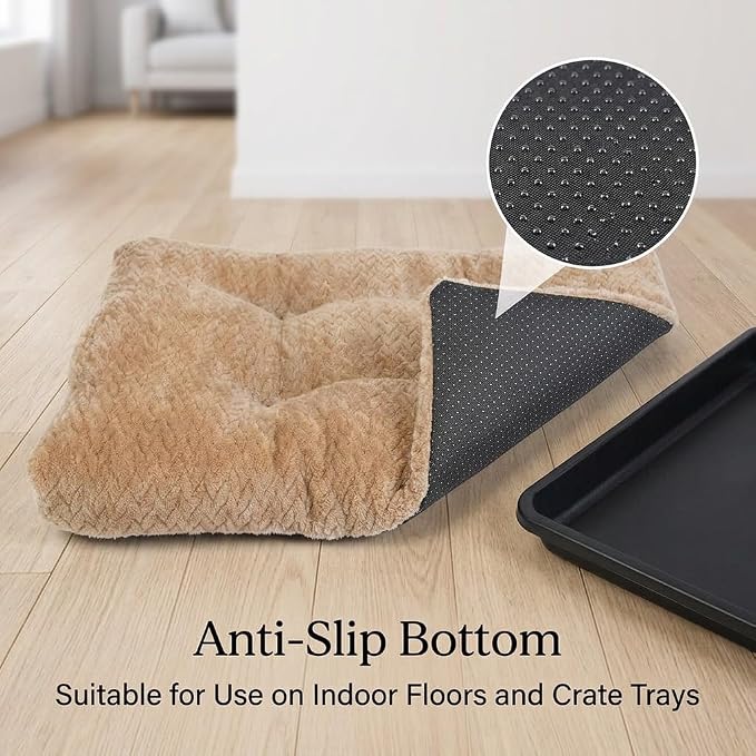 24 Inch Dog Crate Bed for Small Dogs, Washable Dog Crate Pad for Dog Cages, Soft Jacquard Flannel Kennel Mat with Anti-Slip Bottom, Fluffy Crate Mat for Puppies and Small Dogs,Khaki