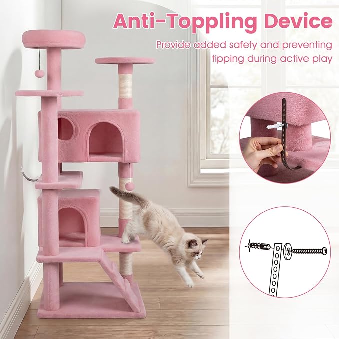52-inch Cat Tree, Multi-Level Cat Tower with Sisal Scratching Posts, 2 Comfy Condos, Plush Padded Soft Top Perch, Dangling Balls, and Climbing Ladder, Ideal for Indoor Cats (Pink)