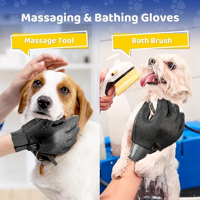 Pet Hair Removal Glove with 255 Silicone Tips for Dogs & Cats, Right Gray | 2-in-1 Deshedding & Massage Mitt, 5-Finger Flexible Design, for Bathing & Grooming, Safe for Long/Short/Curly Hair Pets