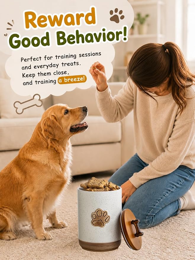 Miamolo Dog Treat Container with Lid, Ceramic Dog Treat Jar Airtight, 8 Cups Dog Food Storage Container for Countertop, Decorative Dog Cookie Jar with Hanlde, Premium Pet Gift, Paw Dotted White