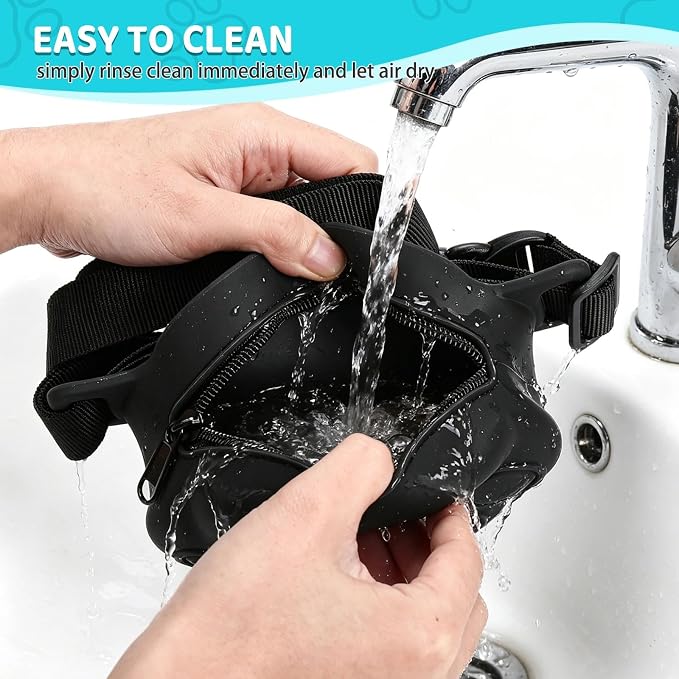 Dog Treat Pouch with Training Clicker and 2 Poop Bags, 1.8 Cup Small Sealable Zipper Silicone Fanny Pack with Waist Belt, Pet Puppy Training & Walking Essentials (Black)