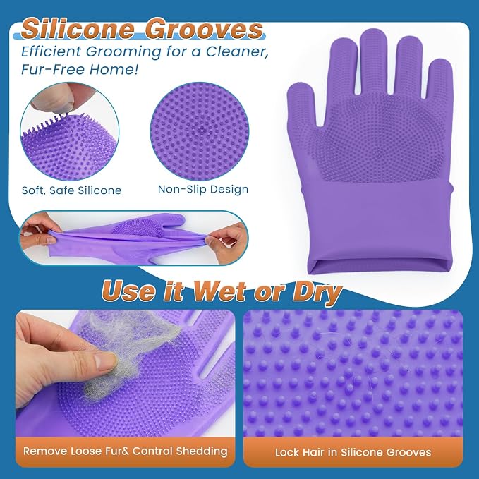 7PCS Pet Grooming Kit for Dogs and Cats | Dog Bath Brush | Washing Gloves | Cleanroom Gloves | Dog Shampoo Brush | Finger Toothbrushes | Storage Bag | All-in-One Pet Care (Purple)