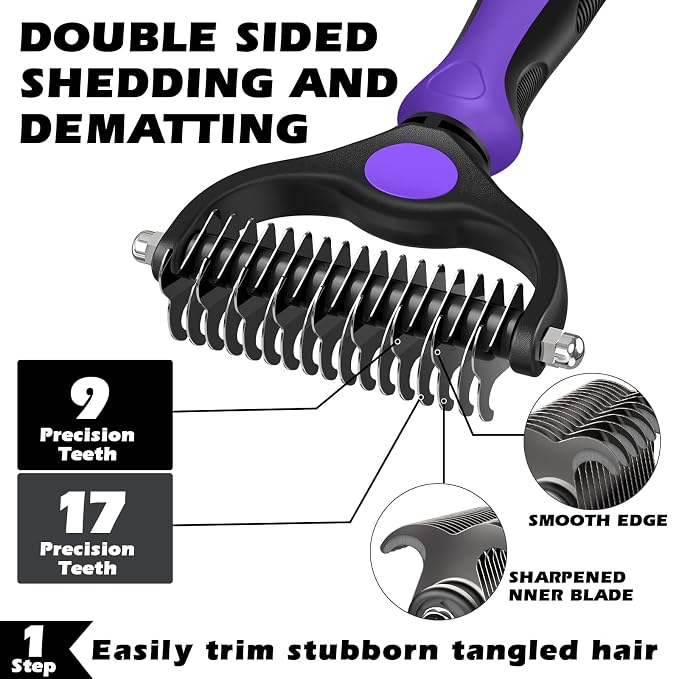 Professional 3PCS Self Cleaning Slicker Brush & Pet Grooming Rake & Flea Comb for Dogs,Cats and Horses | Double-Sided Dematting Comb & Skin Friendly Deshedding Grooming Tool | Pet Supplies (Purple)