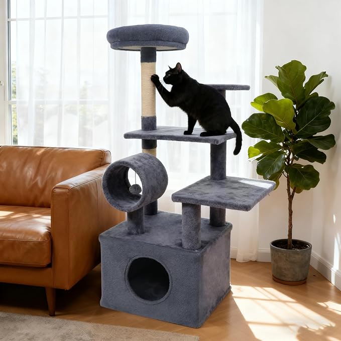 Multi-Level Cat Tree Tower, 48 Inches Tall with Sisal Scratching Posts, Condo, Tunnel with Dangling Ball Inside, Padded Top Perch, Multiple Jumping Platforms, Ideal for Indoor Cats (Dark Grey)