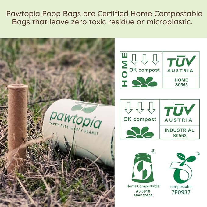 Pawtria Certified Home Compostable Dog Poop Bags (120) + Paper Dispenser, Poop Bags for Dogs, Cat Litter, Vegetable Starches, Dog Waste Bags, Leakproof, Easy to Open, Give Back