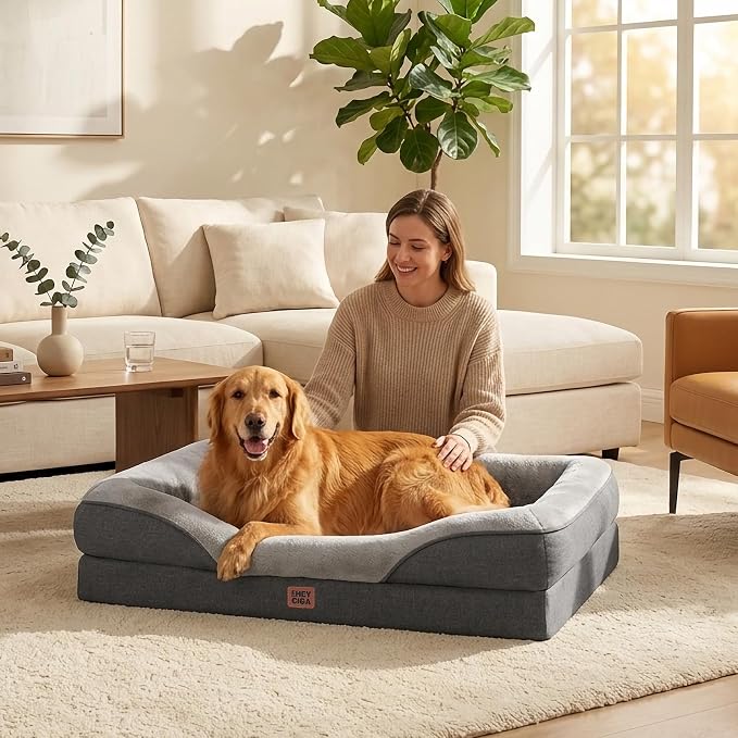 EHEYCIGA Orthopedic XL Dog Bed for Large Sized Dog, 42x30 Inch Extra Large Memory Foam Dog Couch Bed with Sides, Waterproof Liner & Washable Removable Cover, Bolster Pet Sofa, Grey