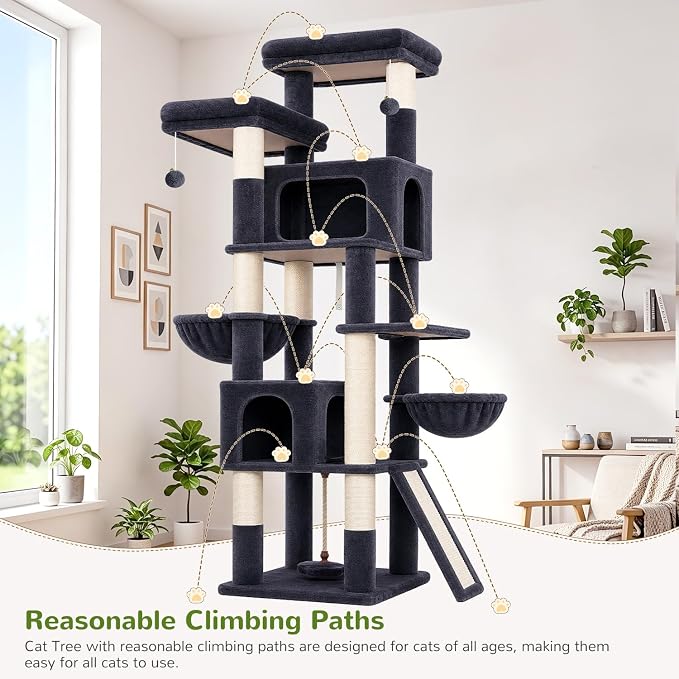 Globlazer 75in Tall Cat Tree Tower for Indoor Cats, F75B, Dark Grey | Large Cat Tree for Indoor Cats Large Adult, Multi-Level Cat Tower with 7 Scratching Posts, 2 Cat Condos, 2 Top Perches
