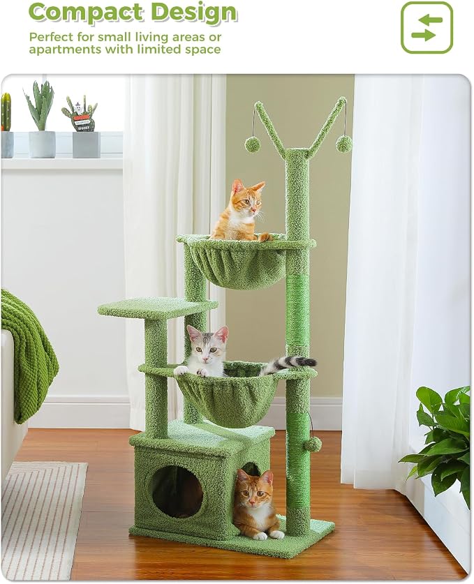 MUTTROS Cactus Cat Tree, 47.6" Cat Tower with 2 Metal Frame Hammock, Cat Scratching Post for Indoor Cats with 2 Removable Pompom Sticks for Kittens, Green