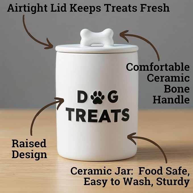 Ceramic Dog Treat Container Airtight - Ceramic Lid - 4 Cups - 4.3"W x 6.6"H | Airtight Ceramic Lid, Ceramic Bone Handle, Food Safe, Easy to Wash, Sturdy, Dishwasher Safe, Raised Design, 4 Cup Capacity