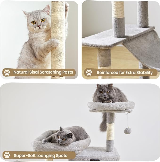 74in Cat Tree Tower for Indoor Cats, Multi-Level Design | 2 Roomy Condos, 2 Cozy Baskets, 2 Padded Perches, 9 Sisal Scratching Posts, Hammock, Hanging Toys, Wide Base, Easy Assembly