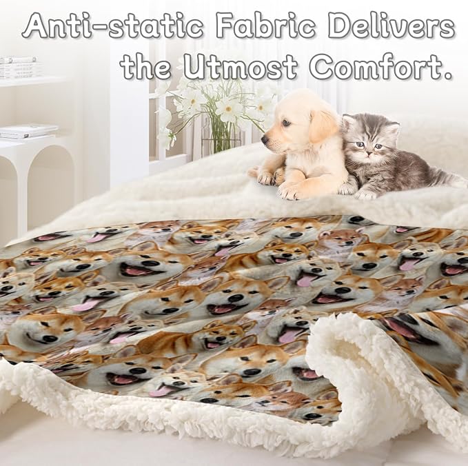 BlessLiving Fuzzy Dogs Blanket for Kids Adults Cute Puppy Fleece Blanket Reversible Animal Pattern Sherpa Throw (Shiba Inu,Throw, 50 x 60 Inches)