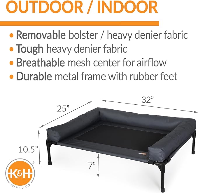 K&H Pet Products Bolster Dog Cot Cooling Indoor/Outdoor Elevated Dog Bed Hammock with Removable Bolster, Washable Mesh Cover, Raised Camping Bed for Medium Pets - Charcoal Medium 32" X 25"