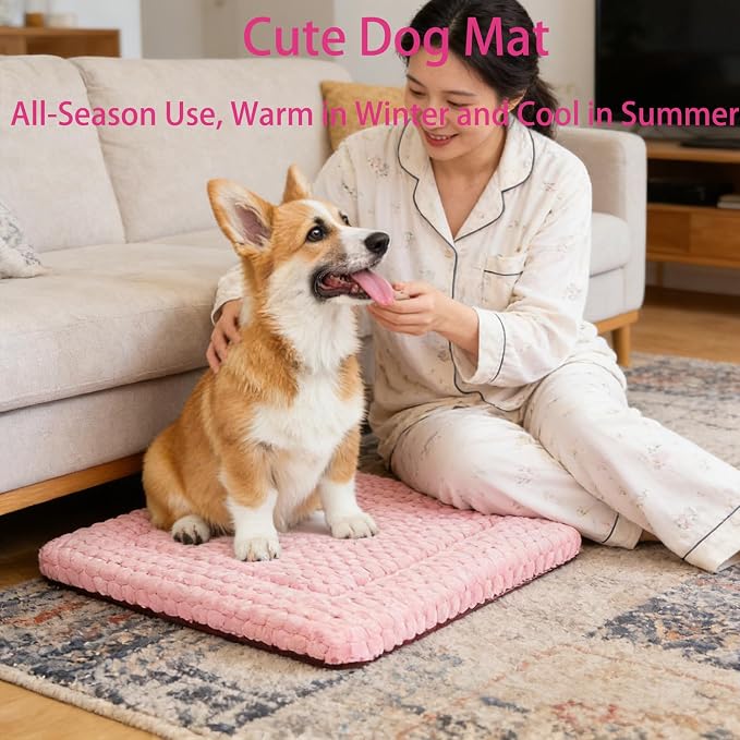 Dog Bed Mat, Reversible Dog Crate Pad for Small Medium Dogs & Cats, Soft Washable Kennel Mat with Non-Slip Bottom, Lightweight Pet Bed for Crate, Cage, Home and Travel(Pink, 30" L*20" W*1.5" Th)