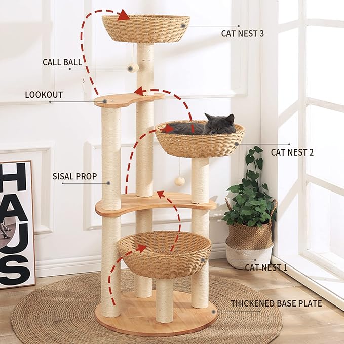 SHODMI 54" Modern Cat Tree Tower for Indoor Cats, Large & Multi-Cat Homes | Wood Cat Tree, 3 Handwoven Basket Beds, Stable Wide Round Wood Base, 8 cm Thick Sisal Scratching Posts, Plush & Cool Mats
