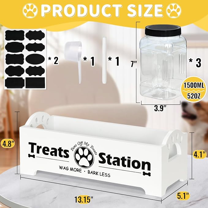 Dog Treat Container Dog Food Storage Container for Countertop, Cat Food Storage Container with 3 Plastic Dog Treat Jar, Dog Food Storage Container for Dog and Cat, White Wooden Dog Food Container
