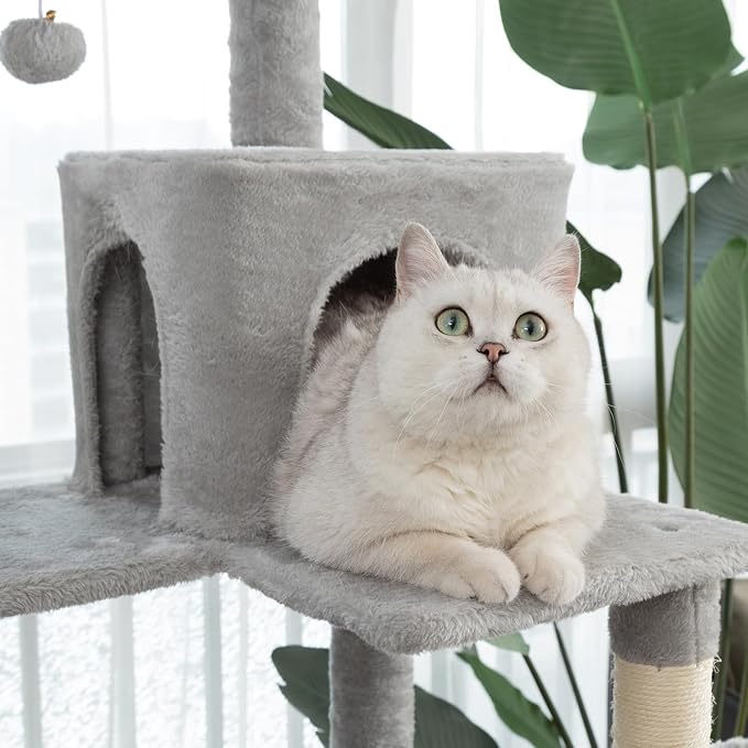 Multi-Level Cat Tree,69 Inches Tall Cat Tower with 2 Plush Condos,Hammock and Plush Perch, Scratching Posts and Pompoms,Gray Cat House for Indoor Cats