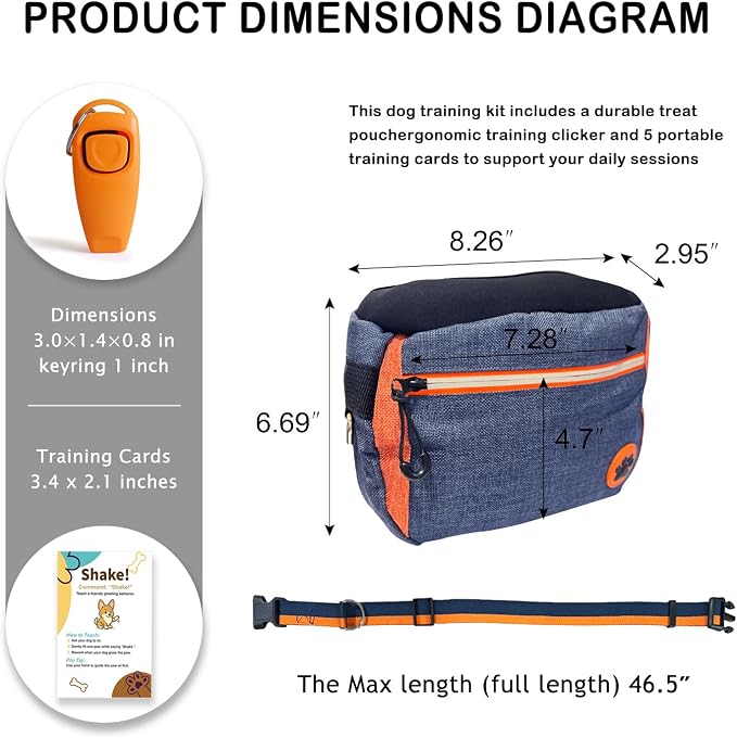 Dog Treat Pouch Bag for Training, Puppy Training Kit with 5 Double-Sided Obedience Cards, Clicker & Whistle, Dual Removable Liners, Large U-Shaped Opening, Waist Clip Treat Bag for Dog Walking