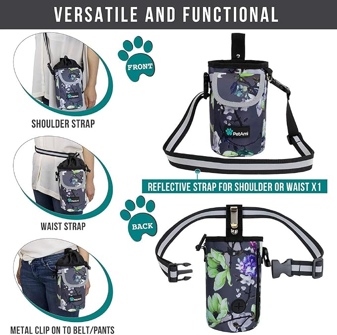 PetAmi Dog Treat Pouch, Large Hands-Free Training Bag, Floral Gray | Built-In Poop Bag Dispenser, Holds 3 Cups Of Treats, 4 Ways to Wear, D-Ring, Reflective Strap, Dog Treat Bag for Walking