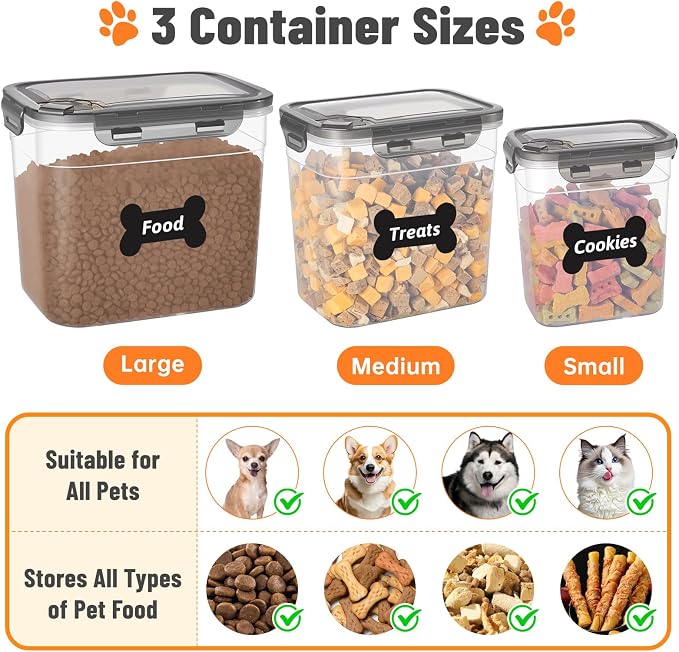 ZooZoo Dog Treat Container, Airtight Pet Food Storage, BPA-Free, 3 Pack | Stackable Transparent Jars In 3 Sizes Keep Snacks Fresh, Wide Mouth Scooping, Labels, Tongs, Marker, Puppy, Cat Supplies
