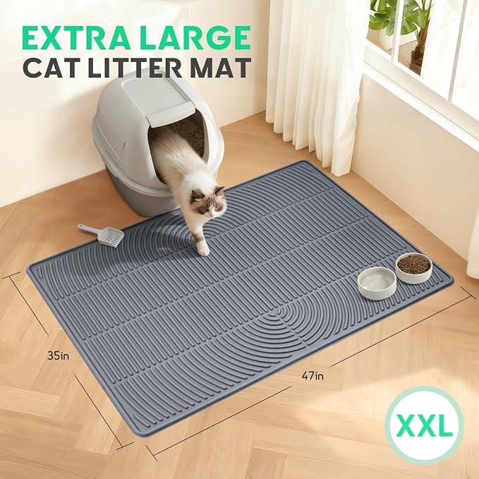 Pawtasy Cat Litter Mat,47" x 35" Extra Large Silicone Waterproof Litter Trapping Mat for Scatter Control Soft on Kitty Paws Non-Slip Easy to Clean