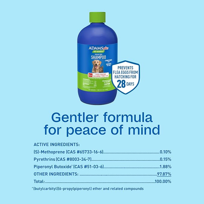 ADAMS Plus Botanicals Flea & Tick Shampoo with Precor for Dogs, Cats, Puppies & Kittens, Flea Shampoo to Treat Infestations, Kills Eggs & Lice, Cleans and Conditions Coat, Plant-Based, 16 Ounces