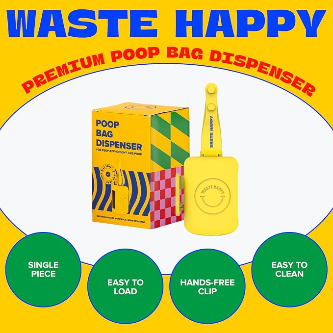 Dog Poop Bag Dispenser with 15 14" Bags Capacity | Yellow Silicone Dog Poop Bag Holder for Leash | Durable, Portable & Refillable Waste Bag Case | Only Fits Waste Happy bags