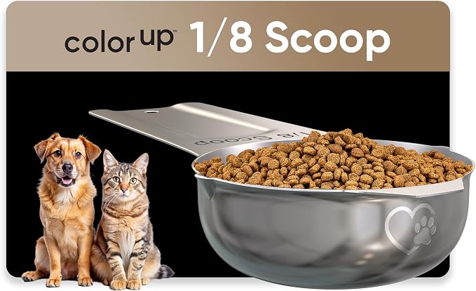 Color Up ⅛ Cup Pet Food Scoop – Stainless Steel Dog Food Scoop Cup (2 Tbsp) – Durable, Rust-Resistant Measuring Scoop for Dogs, Cats, Birds & Rabbits – Ideal for Dry Food & Treats