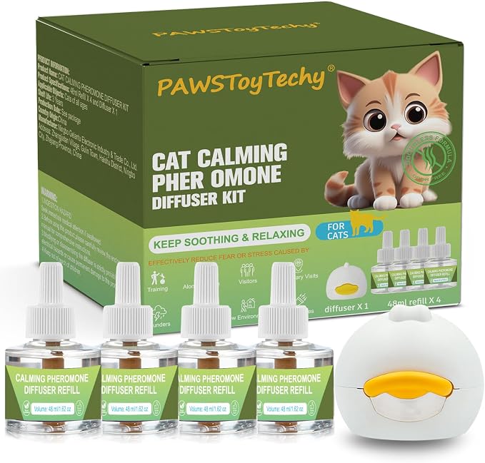Cat Calming Diffuser Kit: 1 Diffuser + 4 Refills (120-Day Supply) - Professional Cat Pheromones Calming Diffuser for Anxiety Relief - Helps Reduce Scratching, Meowing & Urine Marking (L2)