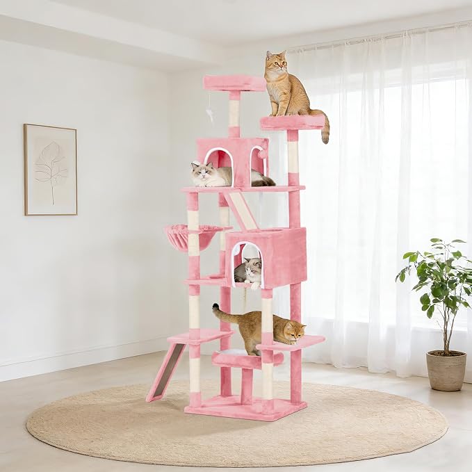Multi-Level Cat Tree with 2 Cozy Condos, 89" Tall Cat Tower for Large Cats, Heavy Duty, Scratch Posts & Perches (Pink)