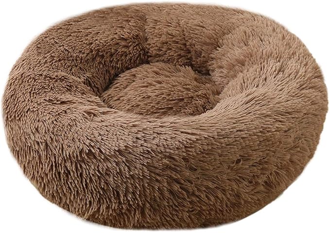 Faux Fur Dog Bed Cat Bed,Shag Round Anti-Anxiety Pet Calming Bed Doughnut Cuddler for Medium Large Puppy Dog Cat Kennel Cushion Self Warming Bed (28'' D x 8'' H, Coffee)