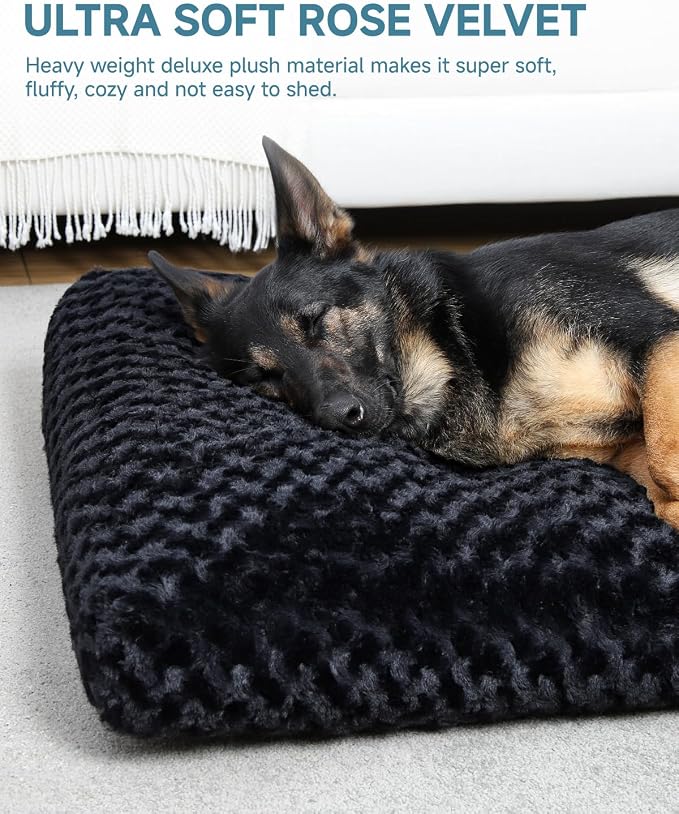 KSIIA Washable Dog Bed Anti-Slip Dog Crate Beds Deluxe Plush Kennel Pad Comfy Pet Sleeping Mat for Large Dogs, 41" x 27", Black