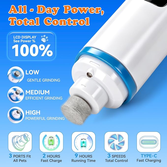 Dog Nail Grinder for Small Medium Large Dogs & Cats, Cordless & Rechargeable, Low Noise Dog Nail Care for Beginners