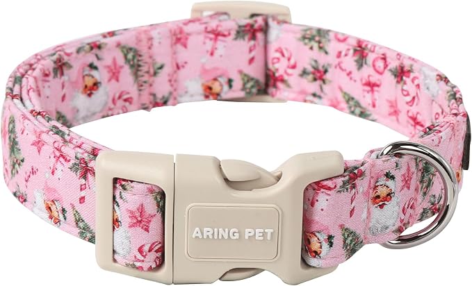 ARING PET Christmas Dog Collar, Cute Pink Santa Claus Xmas Tree Cotton Lightweight Winter Pet Collars with Quick Release Buckle for Puppy Small Medium Large Boy Girl Dogs-M