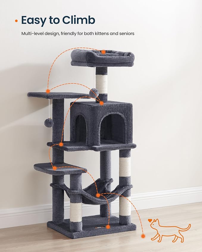 SONGMICS HOME Cat Tree for Indoor Cats, Multi-Level Tower Condo with Sisal Scratching Posts, Hammock and Condo, Dark Gray