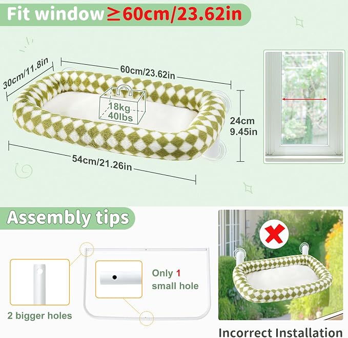 Sunhoo Foldable Cat Window Perch, Large Suction Cup Kitty Hammock, Green | Windowsill Pet Bed for Cats Inside, Cordless Kitten Seat Supports 40 lbs, Soft Reversible Plush Cushion, Machine Washable