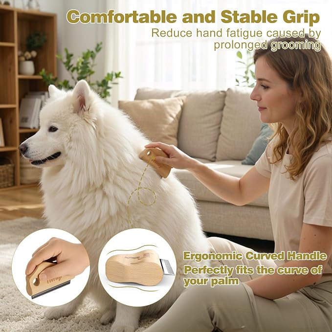Dog Brush for Shedding, Wood Deshedding Brush for Dogs, 4.3inch | Ergonomic Pet Hair Removal Tool, Painless Wood Remover for Pet Hair, Cats, Horses Cleaning, Grooming, Short and Long Fur