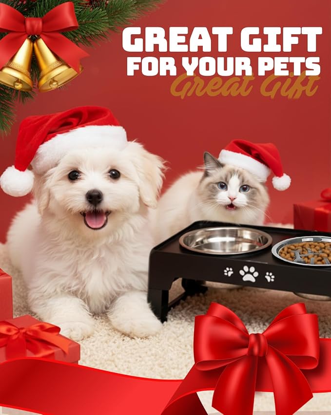 Jovrun Elevated Dog Bowls for Small Dogs and Cats, Non-Slip Cat Bowls with 1*Stainless Steel Dishes & 1*Slow Feeder Bowl, Dog Feeder 2 Heights Adjustable to 2.6"-5.3"
