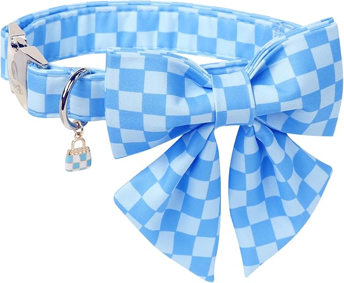DOGWONG Blue Plaid Dog Collar with Bow - Adjustable and Comfortable Autumn Dog Collar Blue Checked Necklace for Large Medium Small Pet,XL