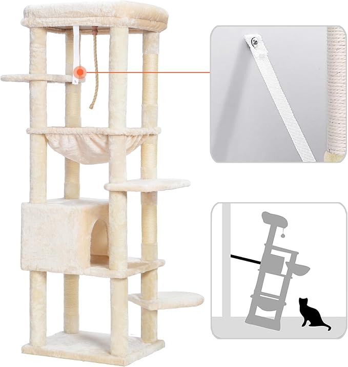 Heybly Cat Tree for Large Cats, 20lbs Heavy Duty, 60 inches HCT050M | Cat Tower for Indoor Cats with Big Padded Plush Perch, Multi-Level Furniture Condo with Cozy Basket, Beige