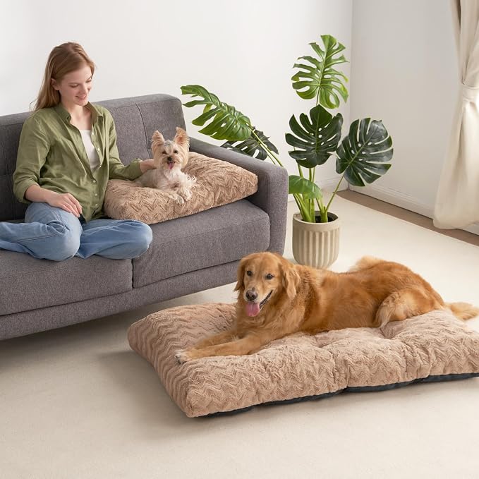 EHEYCIGA Washable Dog Bed for Crate 44x32 Inch, Anti-Slip XL Plus Kennel Pad for Extra Large Dogs Up to 85 lbs, Plush and Comfy Pet Sleeping Mat, Camel