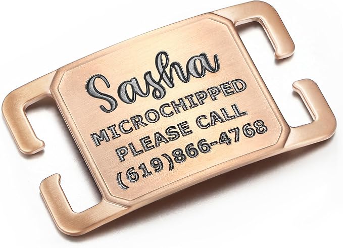 Rugged & Refined: Immovable Slide-On Pet ID Tag - Silent No-Noise Design - Deep Laser Engraved Horology-Grade Steel - Small | PVD Rose Gold