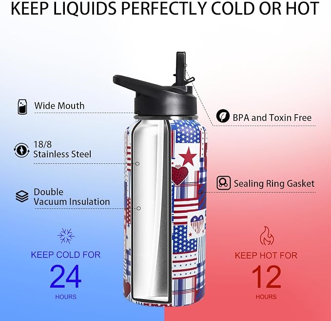32oz American Flag Flip Stainless Insulated Aater Water Bottle with Straw,4th of July Gym Hiking Sports Coffee Mug Cup Water Bottles,Patriotic Military Gifts For Veterans, Police