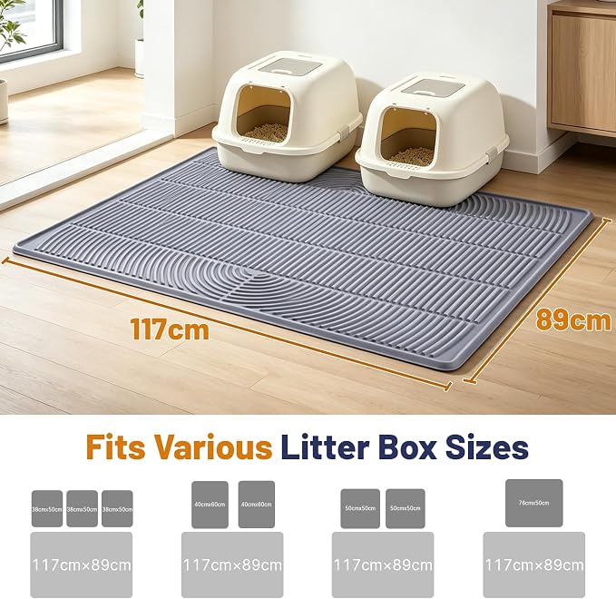 Cat Litter Mat, XL 46x35in Waterproof Silicone Litter Box Mat, Grey | XXL Cat Mat Fits 2-4 Litter Boxes, Litter Trapping Mat with Raised Edges & Textured Surface, Non-Slip Bottom, Easy Clean