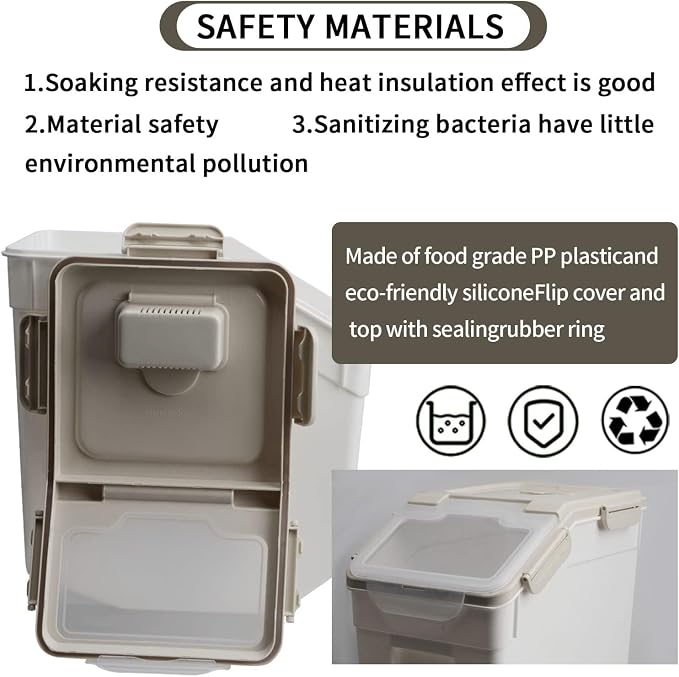 AnRui Airtight Rice Storage Container 30LBS, Large Flour Storage Containers BPA Free Kitchen Pantry Food Storage Bin Sugar Snack Cereal Grain Organizer Box with Wheel, Scoop, 4Pack, Grey