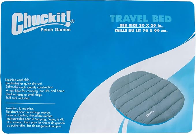 Chuckit! Outdoor Travel Portable Water Resistant Travel Pillow Dog Bed For Medium to Large Dogs 20 to 100 lbs, 39"L x 30"W, Blue