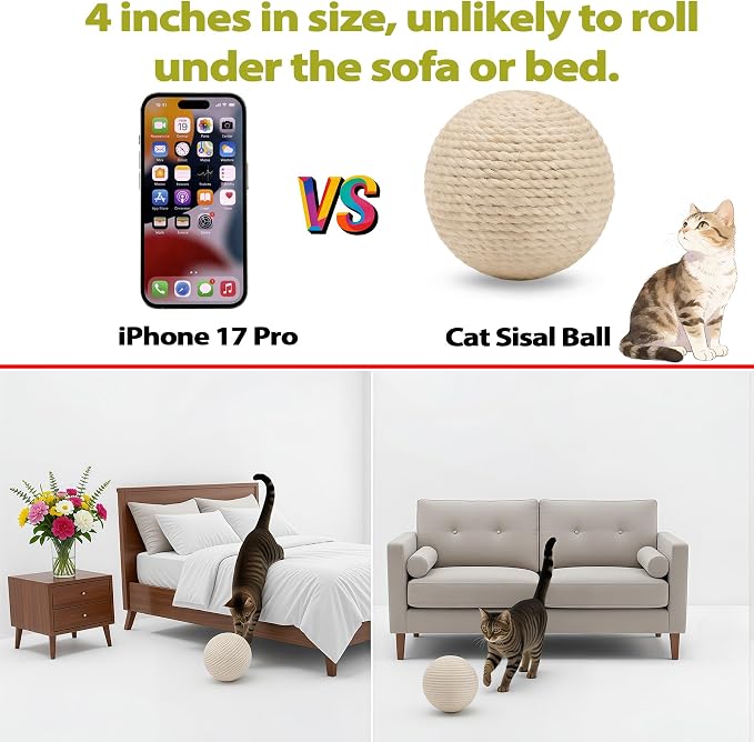 4-Inch Sisal Cat Toy Balls with Crinkle Sound | Indoor Cat Toys for Teething, Claw Sharpening & Play | Large Size Prevents Rolling Under Furniture(White)