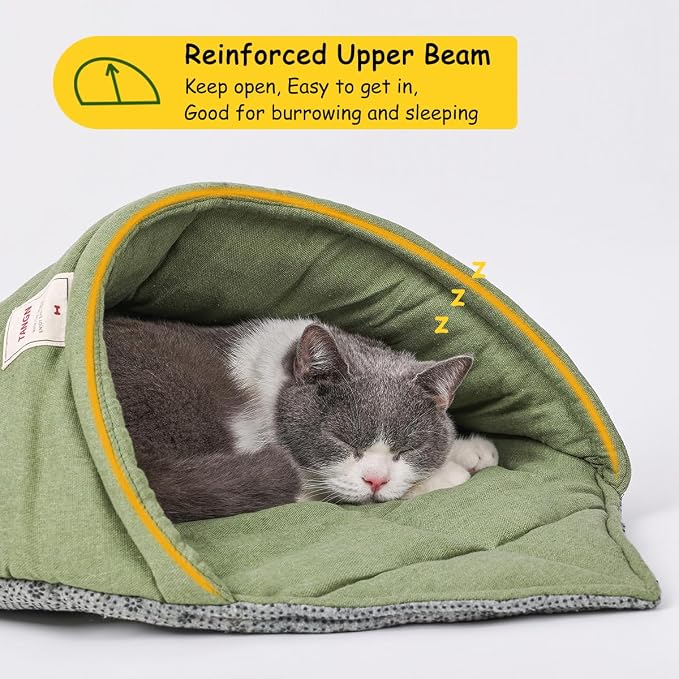 Cat Sleeping Bag Cave Bed with Non-Slip Bottom (Green with Support) | Comfortable Linen Fabric, Non-stick Hair, Felt Handle, Washable, Suitable Size for Most Cats and Puppy, Durable Pet Nest