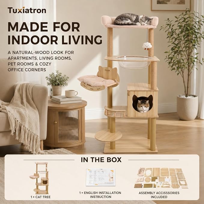 Multi-Level Cat Tree for Indoor Cats, Wooden Cat Tower with Cat House, Scratching Posts, Hammock and Platforms, Natural Wood Cat Furniture