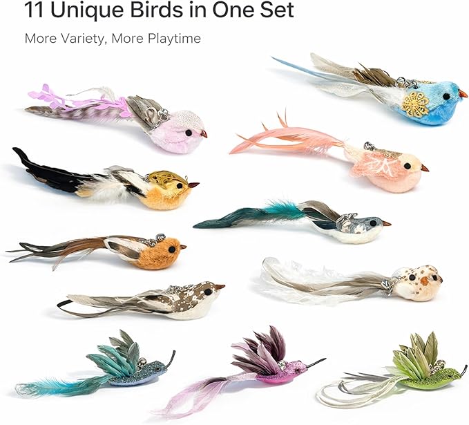 11PCS Realistic Bird Cat Toy Refills – Handmade Feather Cat Toys with Bell, Clip-on Cat Wand Attachments – Interactive Cat Toys for Indoor Cats, Refill Set for Wand Toy or Cute Home Décor